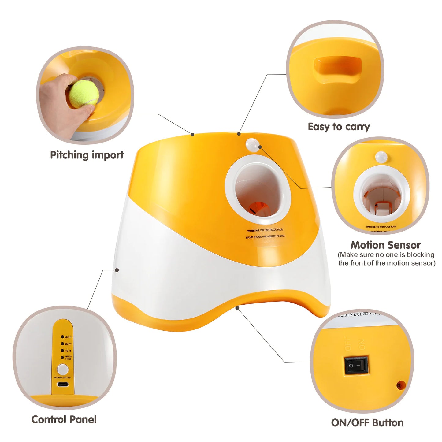 Orange launcher with callout icons—auto-launch, USB-C charging, safety sensing.