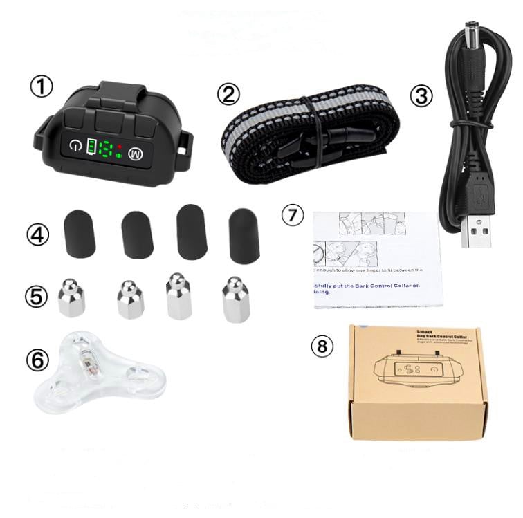 Anti-bark collar kit contents: collar unit, adjustable strap, USB charging cable, silicone caps, contact points, manual, and box