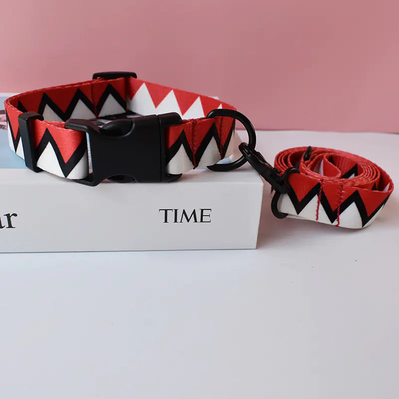 Red, white, and black patterned dog leash and collar set