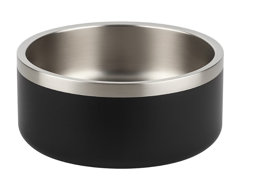 Black stainless steel pet bowl with rolled rim and matte exterior, modern non-slip design for dogs and cats.