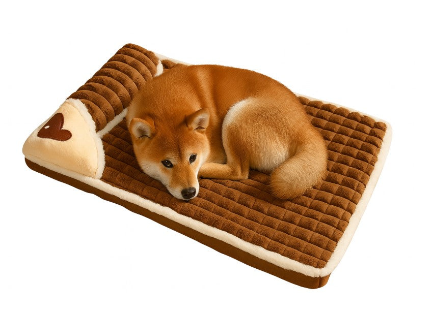 Medium Dog sleeping on caramel plush pet mat — washable cover, supportive foam cushion - good for arthritic dogs
