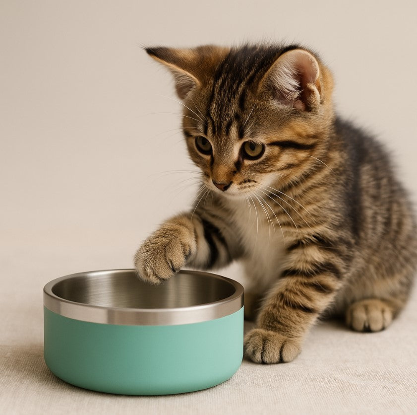 Kitten playing next to a green stainless steel cat bowl with rolled rim, compact size for small pets.