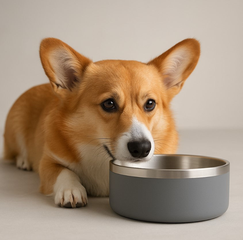 corgi resting beside a gray stainless steel dog bowl with rolled rim and non-slip base, minimalist style.