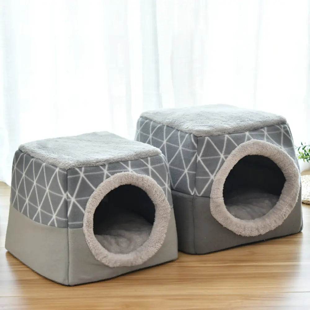 Two grey cozy cave pet beds with geometric fabric — dual-use huts for cats and small dogs, non-slip base