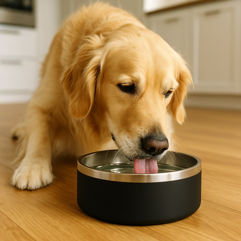 Golden retriever drinking from a black stainless steel dog bowl on a kitchen floor; non-slip base keeps the bowl steady.