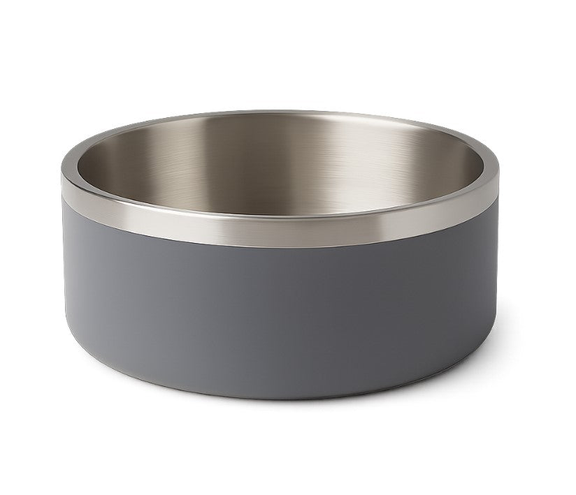 Gray stainless steel pet bowl with smooth rolled rim and matte exterior, modern design for dogs and cats