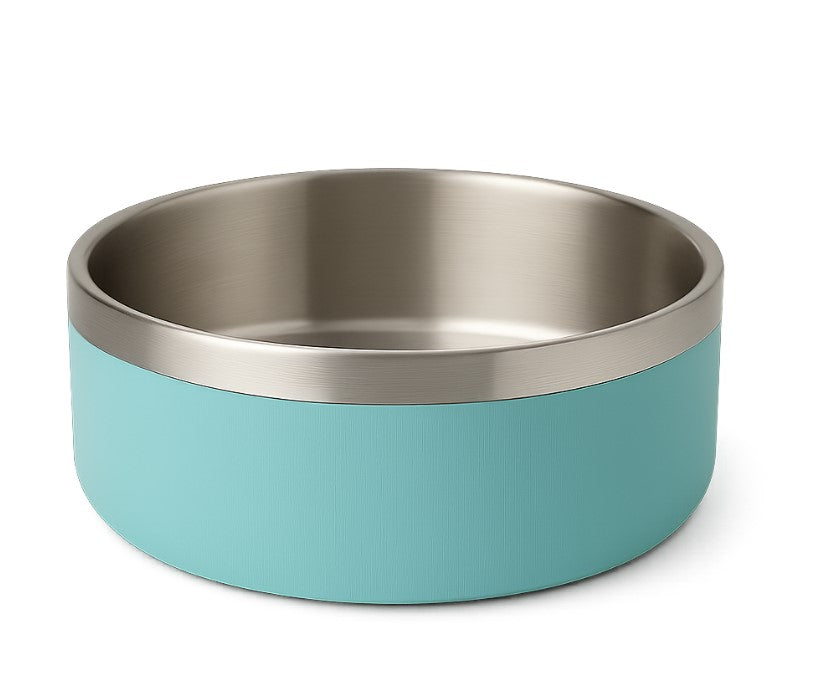 green stainless steel pet bowl close-up showing smooth interior and rolled rim, modern minimalist design