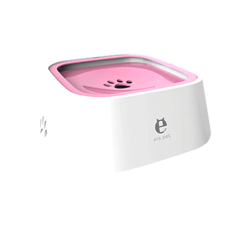 Floating disk pet water bowl with pink lid for dogs and cats, reduces splashes and slows drinking.