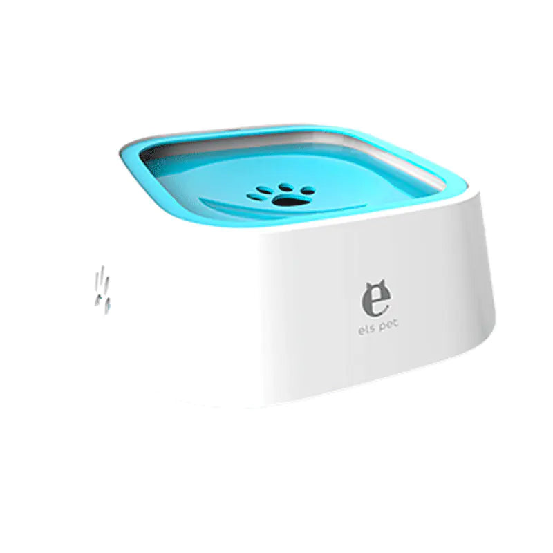 No-spill water bowl for dogs and cats with blue floating disk and anti-skid base for mess-free drinking.
