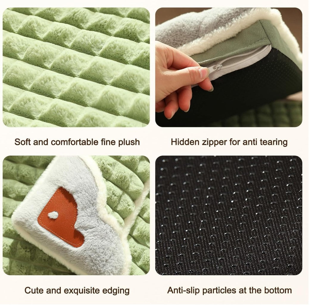 Close-ups: rabbit-velvet fabric, foam cushion, hidden zipper, and non-slip dot base on plush pet mat.
