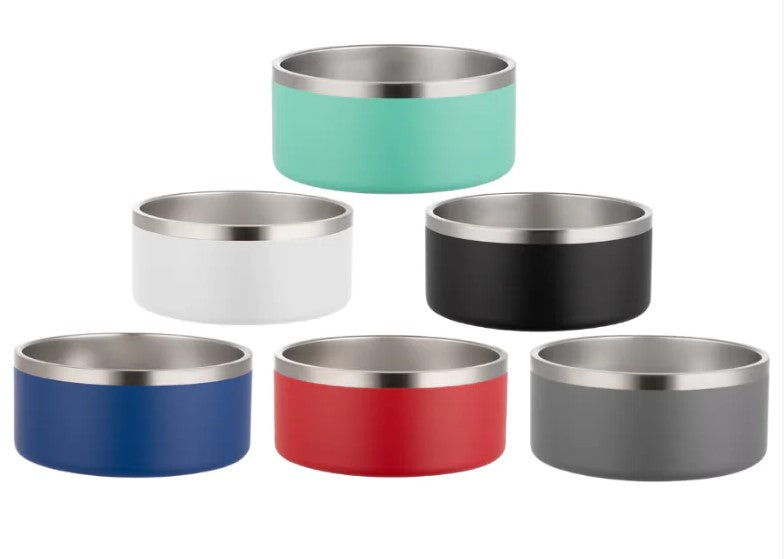 Assorted-color stainless steel pet bowls with lifestyle photos of dogs and a cat using the bowl.