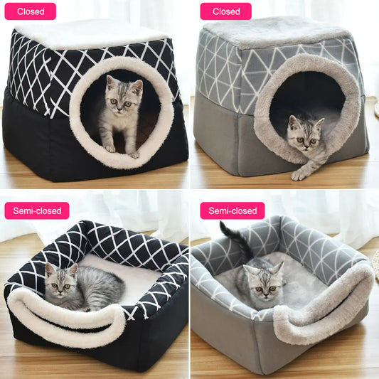 Grey cozy cave pet bed with cat peeking out — plush velvet interior, non-slip bottom