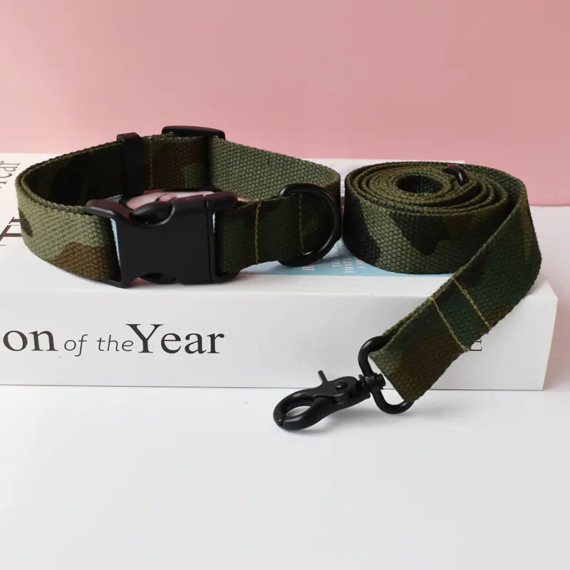 Adjustable nylon dog collar and matching leash — deep camouflage