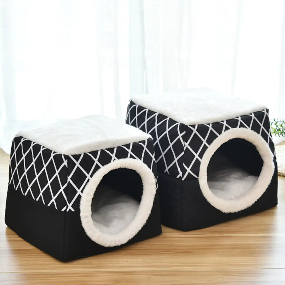 Pair of black cave pet beds in two sizes (L & XL) — for cats and toy/small dogs