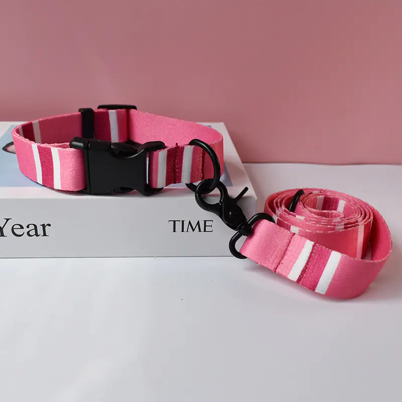 Adjustable nylon dog collar and matching leash — pink ribbon pattern