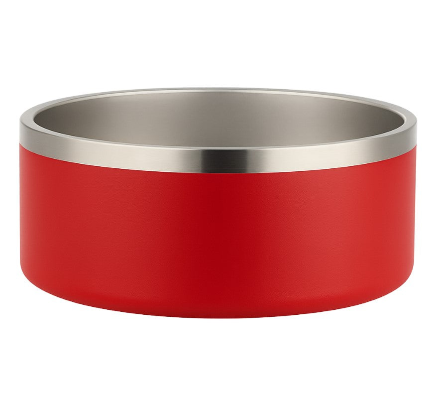 Red stainless steel pet bowl close-up showing rolled rim and matte exterior; durable and easy to clean
