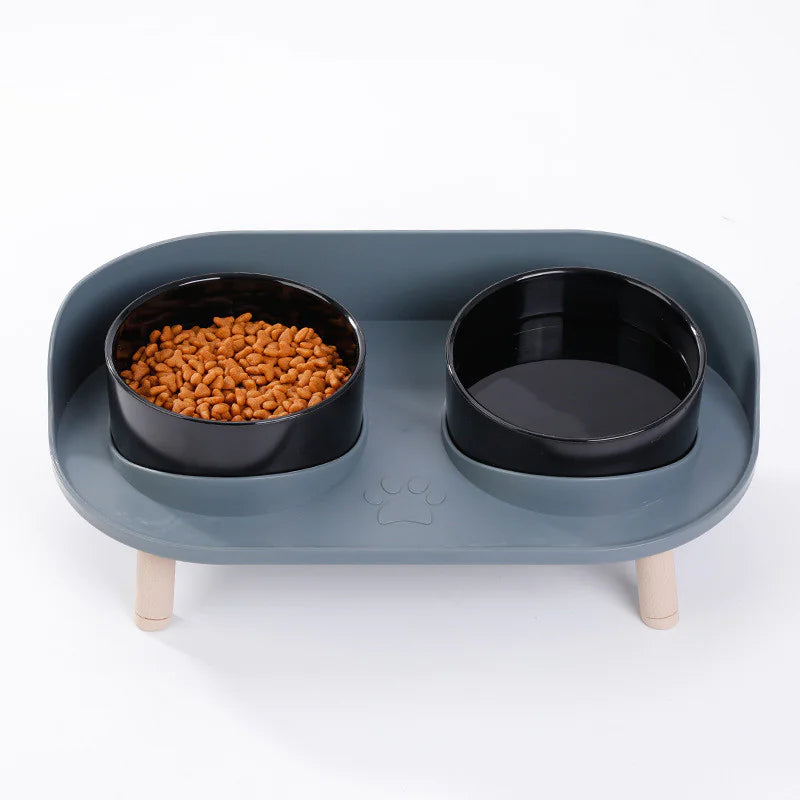 Close-up top view — black bowls with kibble in left bowl.