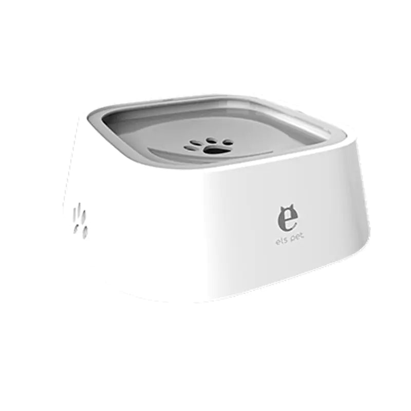 No-spill pet water bowl with floating disk and grey lid, anti-splash design for dogs and cats.