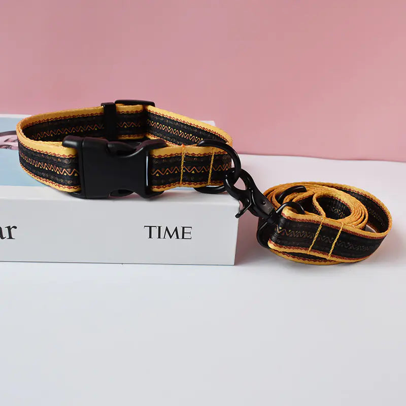 yellow and black adjustable nylon dog leash and collar set