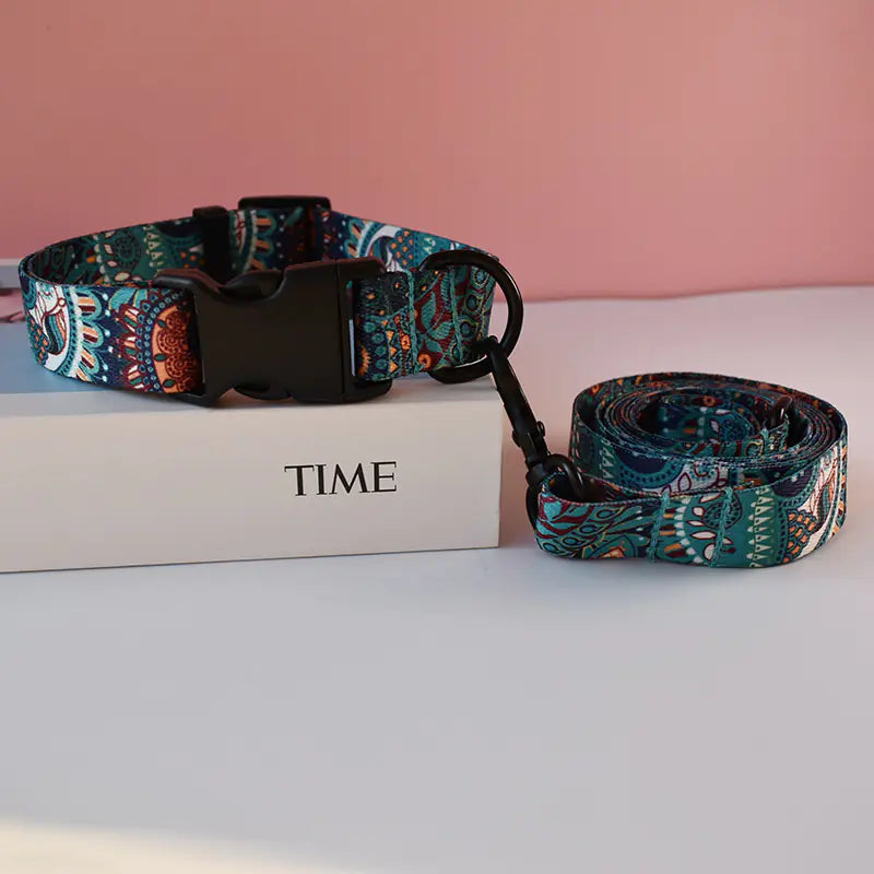 Adjustable dog collar and leash with a unique pattern