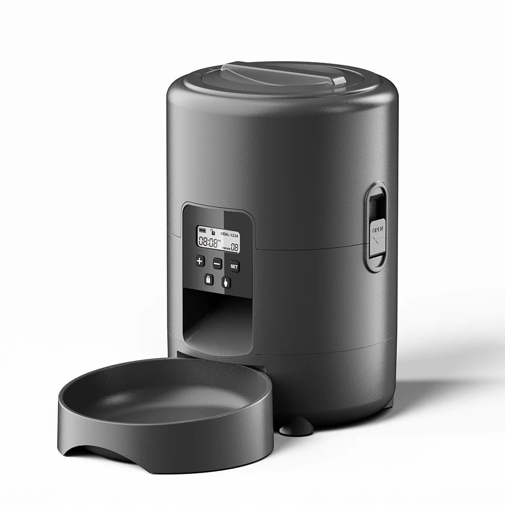 Smart 2L automatic pet feeder in black with removable bowl, Wi-Fi app control and manual buttons for cats and dogs.
