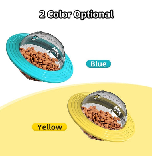Two interactive slow feeders, one blue and one yellow, on a white background.