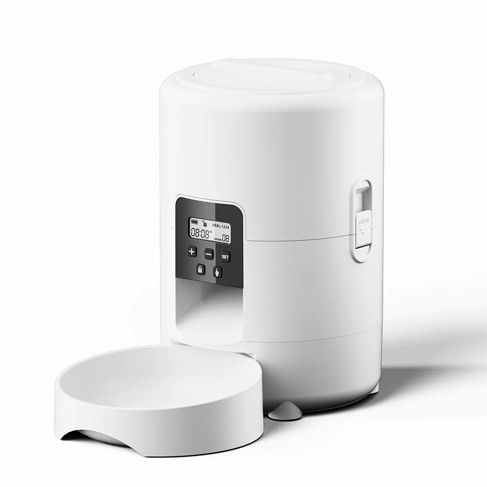 Smart 2L automatic pet feeder in white, compact design with removable bowl for scheduled feeding.