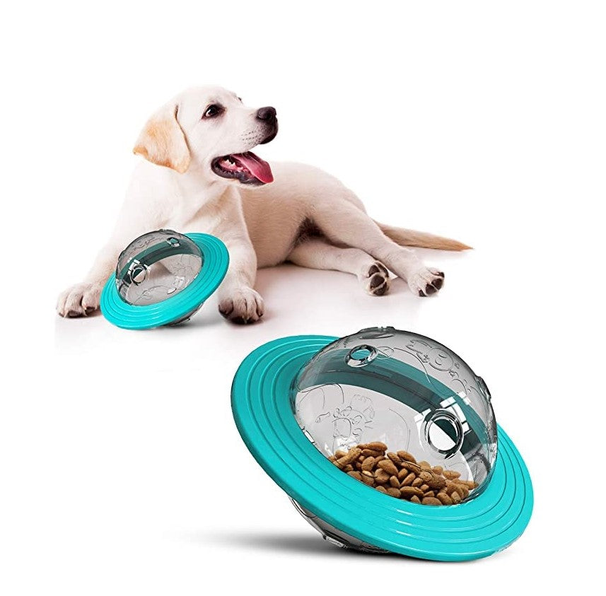 Close-up of teal rotating disc dog toy loaded with kibble, showing the transparent shell and openings