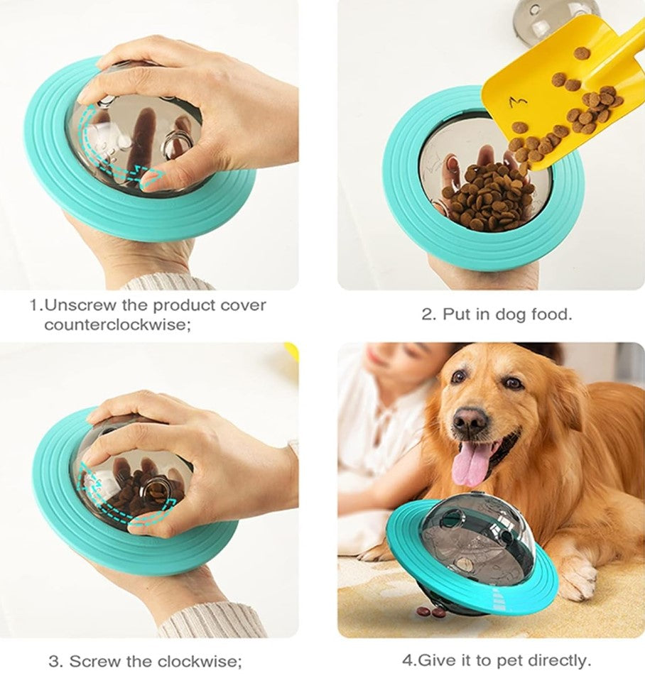 Step-by-step collage showing how to fill, toss, and play with the rotating disc treat-dispensing dog toy