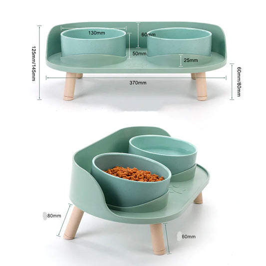 Elevated double feeder dimensions — tray 370 mm (14.6 in), bowls 130 mm (5.1 in), legs 60–80 mm (2.4–3.1 in)