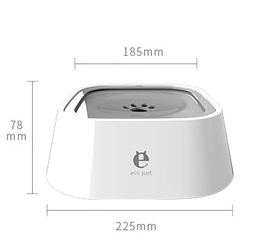 Dimensions of no-spill pet water bowl—225×185×78 mm low-profile design with floating anti-splash disk.