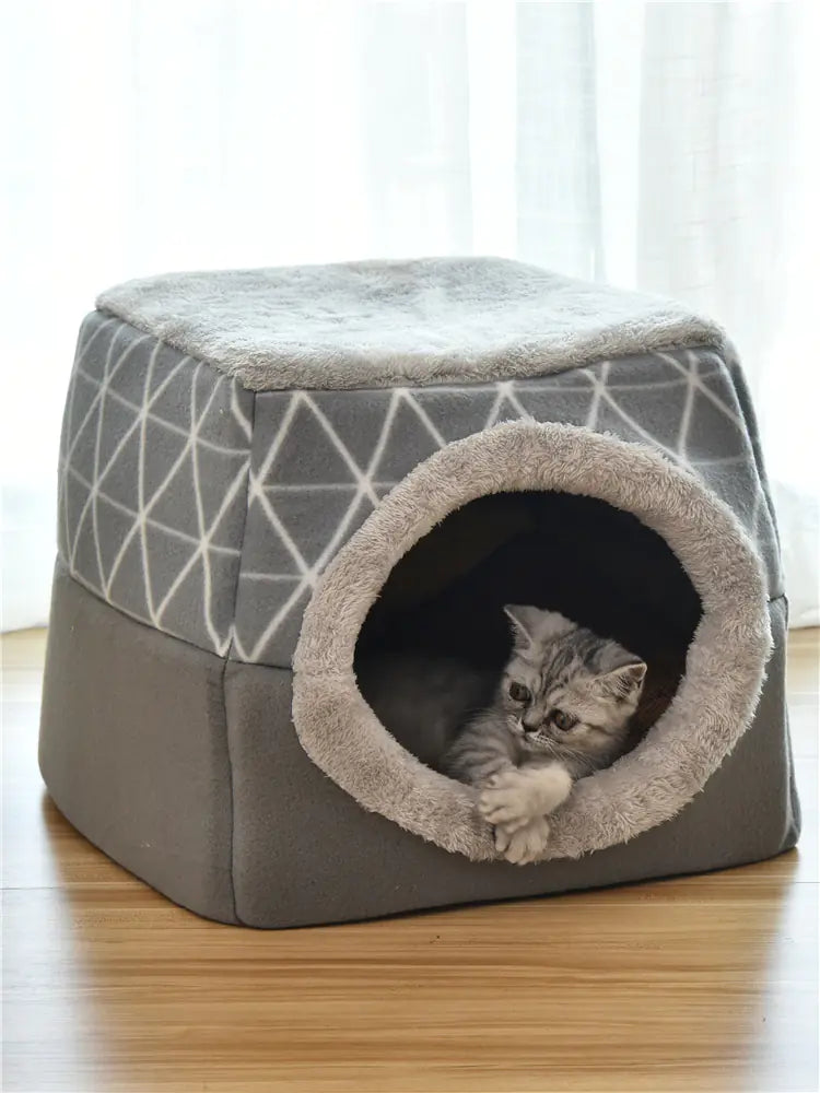Cat inside cave bed; grey and black dual-use beds shown together (cave and sofa styles)