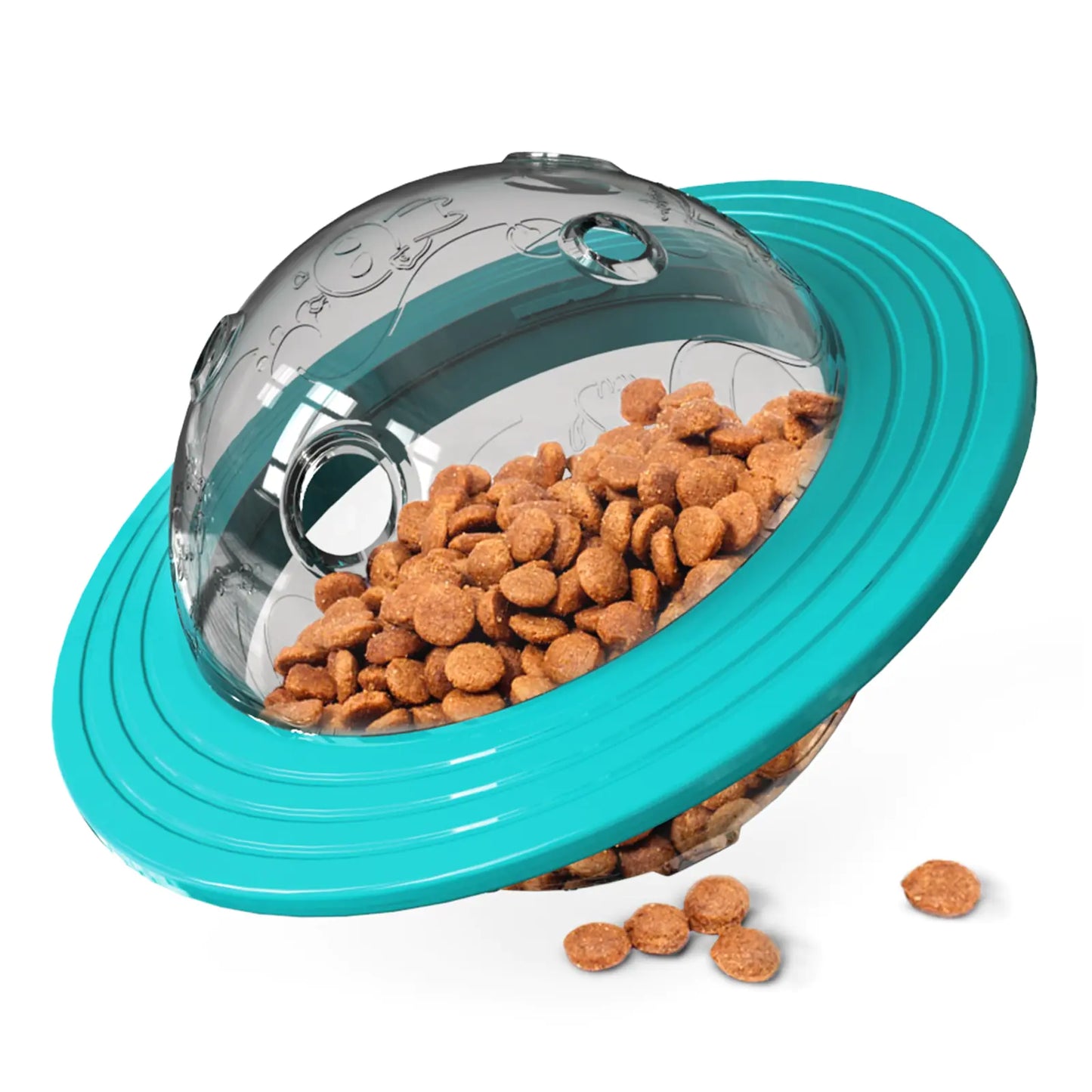 Turquoise pet food puzzle toy with kibble inside on a white background