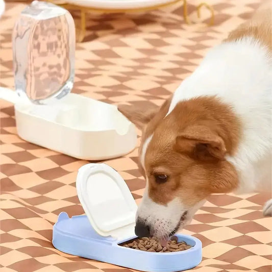 Owner giving water to small dog using portable bottle bowl outdoors