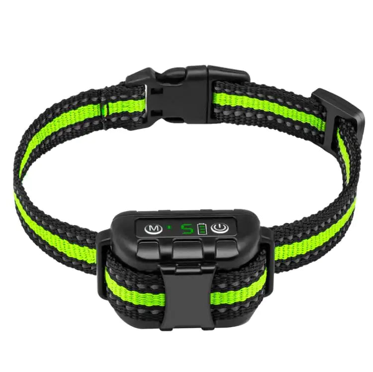 Rechargeable anti-bark dog collar with beep and vibration, optional shock, IP67 waterproof—green/black nylon strap close-up.