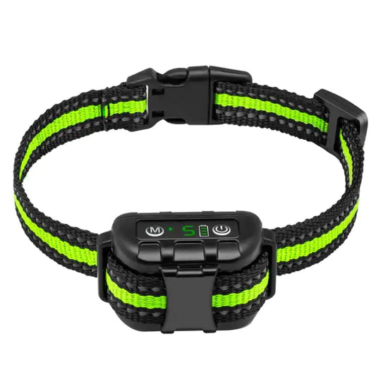 Rechargeable anti-bark dog collar with beep and vibration, optional shock, IP67 waterproof—green/black nylon strap close-up.