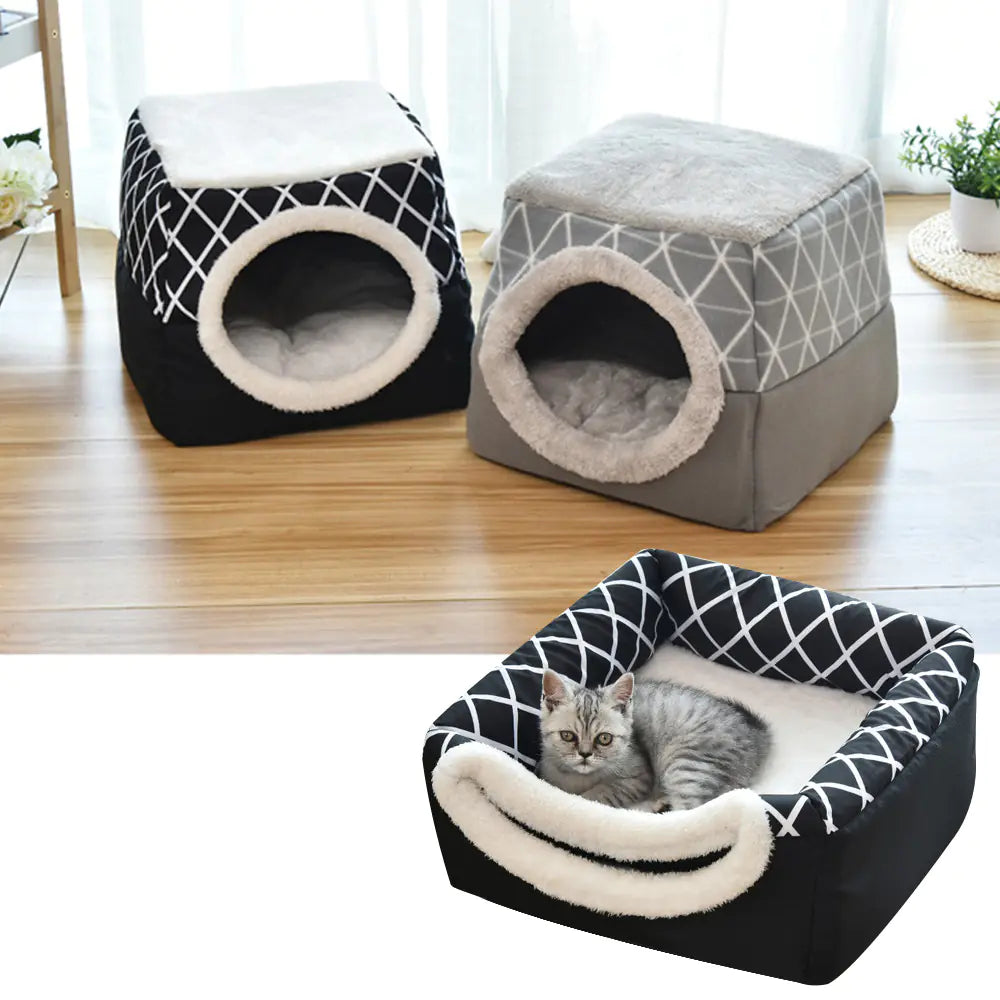 Grey cave bed beside black sofa-style bed — dual-use configuration for small pets