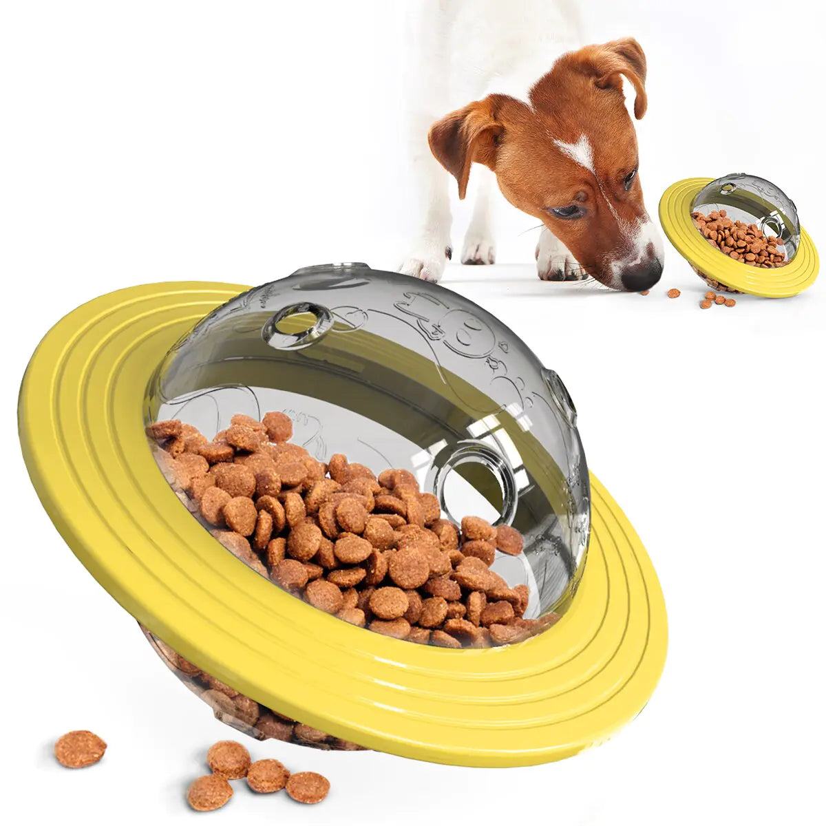 Yellow pet food bowl with transparent lid filled with kibble, dog looking at it.