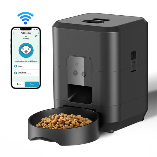 Filling the automatic pet feeder hopper with dry kibble before scheduling meals.